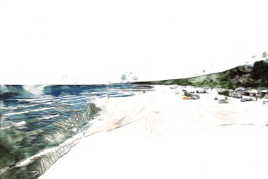 Beyaz kumlu güzel bir sahil, yaz tatili sanat çizimleri için doğal arka plan.