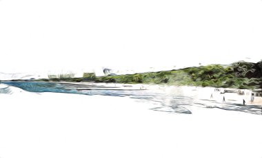 Beyaz kumlu güzel bir sahil, yaz tatili sanat çizimleri için doğal arka plan.