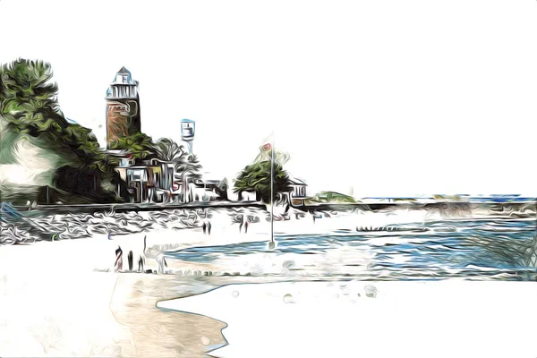 Beyaz kumlu güzel bir sahil, yaz tatili sanat çizimleri için doğal arka plan.