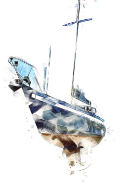 Yelkenli tekneler marina sanat illüstrasyonuna yerleştirildi.