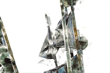 Rüzgarda dalgalanan renkli deniz yelkenli bayrakları sanat eseri çizimleri