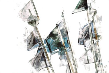 Rüzgarda dalgalanan renkli deniz yelkenli bayrakları sanat eseri çizimleri