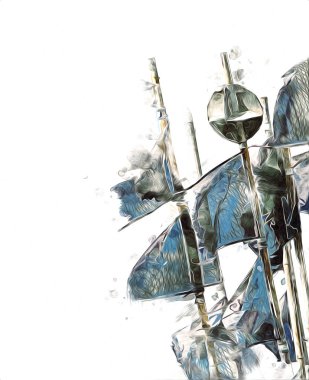 Rüzgarda dalgalanan renkli deniz yelkenli bayrakları sanat eseri çizimleri