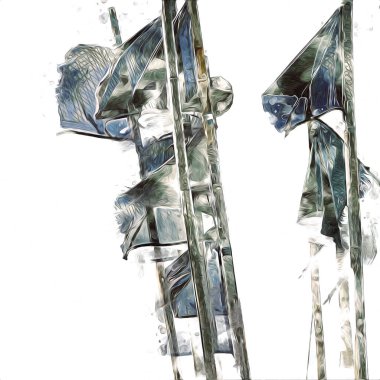 Rüzgarda dalgalanan renkli deniz yelkenli bayrakları sanat eseri çizimleri