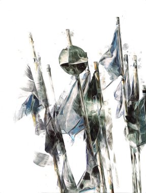 Rüzgarda dalgalanan renkli deniz yelkenli bayrakları sanat eseri çizimleri