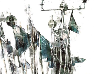 Rüzgarda dalgalanan renkli deniz yelkenli bayrakları sanat eseri çizimleri