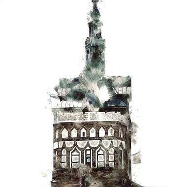 Polonya 'daki Gdansk şehrinin mimarisinin güzel bir görüntüsünün suluboya çizimi veya çizimi