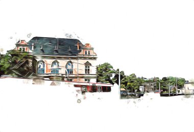 Polonya 'daki Gdansk şehrinin mimarisinin güzel bir görüntüsünün suluboya çizimi veya çizimi