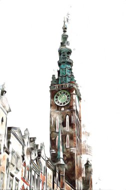 Polonya 'daki Gdansk şehrinin mimarisinin güzel bir görüntüsünün suluboya çizimi veya çizimi