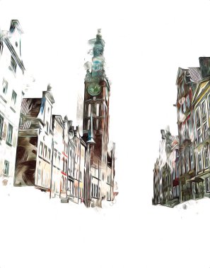 Polonya 'daki Gdansk şehrinin mimarisinin güzel bir görüntüsünün suluboya çizimi veya çizimi