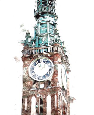 Polonya 'daki Gdansk şehrinin mimarisinin güzel bir görüntüsünün suluboya çizimi veya çizimi