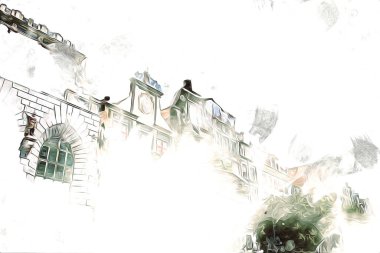 Polonya 'daki Gdansk şehrinin mimarisinin güzel bir görüntüsünün suluboya çizimi veya çizimi