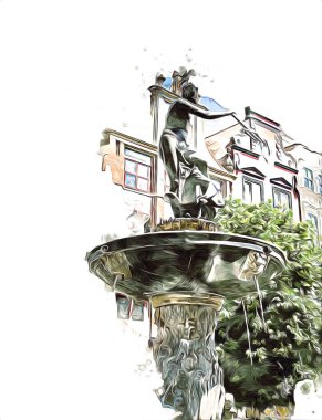 Polonya 'daki Gdansk şehrinin mimarisinin güzel bir görüntüsünün suluboya çizimi veya çizimi