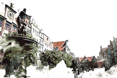 Polonya 'daki Gdansk şehrinin mimarisinin güzel bir görüntüsünün suluboya çizimi veya çizimi