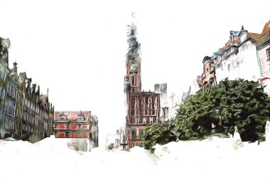 Polonya 'daki Gdansk şehrinin mimarisinin güzel bir görüntüsünün suluboya çizimi veya çizimi