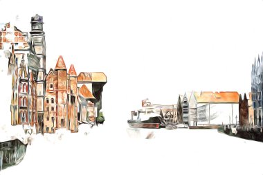 Polonya 'daki Gdansk şehrinin mimarisinin güzel bir görüntüsünün suluboya çizimi veya çizimi