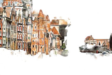 Polonya 'daki Gdansk şehrinin mimarisinin güzel bir görüntüsünün suluboya çizimi veya çizimi