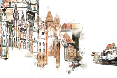 Polonya 'daki Gdansk şehrinin mimarisinin güzel bir görüntüsünün suluboya çizimi veya çizimi