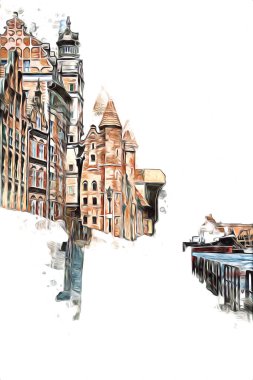 Polonya 'daki Gdansk şehrinin mimarisinin güzel bir görüntüsünün suluboya çizimi veya çizimi