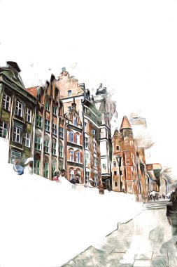 Polonya 'daki Gdansk şehrinin mimarisinin güzel bir görüntüsünün suluboya çizimi veya çizimi