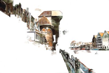 Polonya 'daki Gdansk şehrinin mimarisinin güzel bir görüntüsünün suluboya çizimi veya çizimi