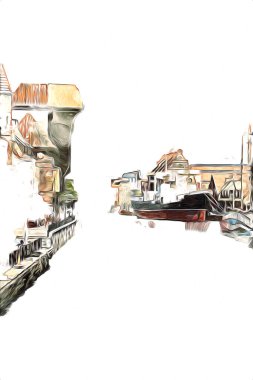 Polonya 'daki Gdansk şehrinin mimarisinin güzel bir görüntüsünün suluboya çizimi veya çizimi