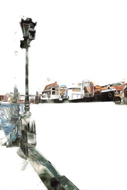 Polonya 'daki Gdansk şehrinin mimarisinin güzel bir görüntüsünün suluboya çizimi veya çizimi