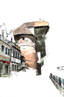 Polonya 'daki Gdansk şehrinin mimarisinin güzel bir görüntüsünün suluboya çizimi veya çizimi