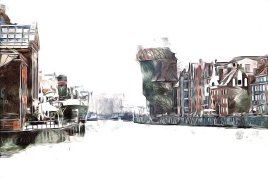 Polonya 'daki Gdansk şehrinin mimarisinin güzel bir görüntüsünün suluboya çizimi veya çizimi