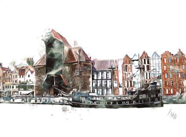 Polonya 'daki Gdansk şehrinin mimarisinin güzel bir görüntüsünün suluboya çizimi veya çizimi