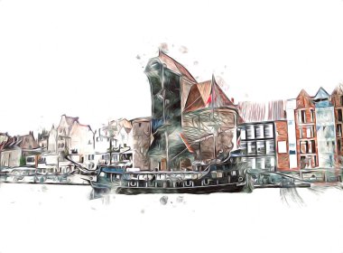 Polonya 'daki Gdansk şehrinin mimarisinin güzel bir görüntüsünün suluboya çizimi veya çizimi