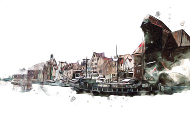 Polonya 'daki Gdansk şehrinin mimarisinin güzel bir görüntüsünün suluboya çizimi veya çizimi