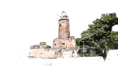 El çizimi suluboya deniz feneri illüstrasyon sanat klasiği çizimi