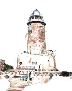 El çizimi suluboya deniz feneri illüstrasyon sanat klasiği çizimi