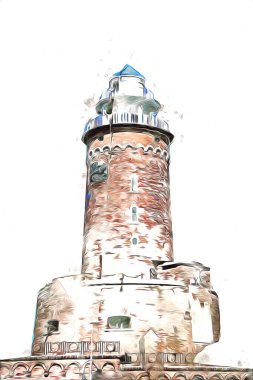 El çizimi suluboya deniz feneri illüstrasyon sanat klasiği çizimi