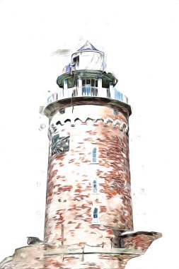 El çizimi suluboya deniz feneri illüstrasyon sanat klasiği çizimi