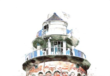 El çizimi suluboya deniz feneri illüstrasyon sanat klasiği çizimi