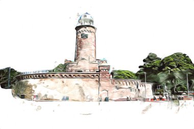 El çizimi suluboya deniz feneri illüstrasyon sanat klasiği çizimi