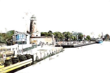 El çizimi suluboya deniz feneri illüstrasyon sanat klasiği çizimi