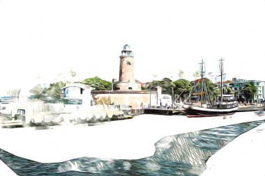 El çizimi suluboya deniz feneri illüstrasyon sanat klasiği çizimi