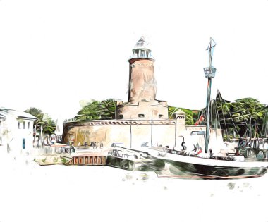 El çizimi suluboya deniz feneri illüstrasyon sanat klasiği çizimi