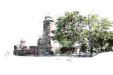 El çizimi suluboya deniz feneri illüstrasyon sanat klasiği çizimi