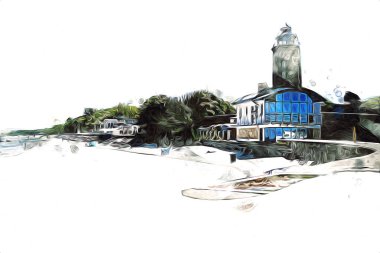 El çizimi suluboya deniz feneri illüstrasyon sanat klasiği çizimi