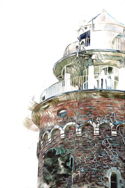 El çizimi suluboya deniz feneri illüstrasyon sanat klasiği çizimi