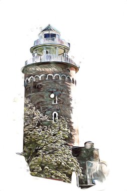 El çizimi suluboya deniz feneri illüstrasyon sanat klasiği çizimi