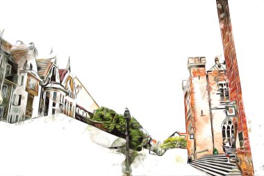 Kolobrzeg eski şehir, belediye binası, poland resim çizimi