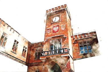 Kolobrzeg eski şehir, belediye binası, poland resim çizimi