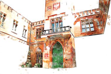 Kolobrzeg eski şehir, belediye binası, poland resim çizimi