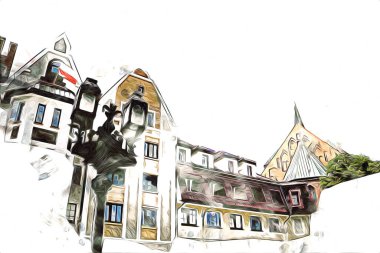 Kolobrzeg eski şehir, belediye binası, poland resim çizimi