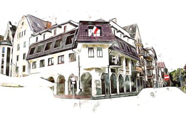 Kolobrzeg eski şehir, belediye binası, poland resim çizimi